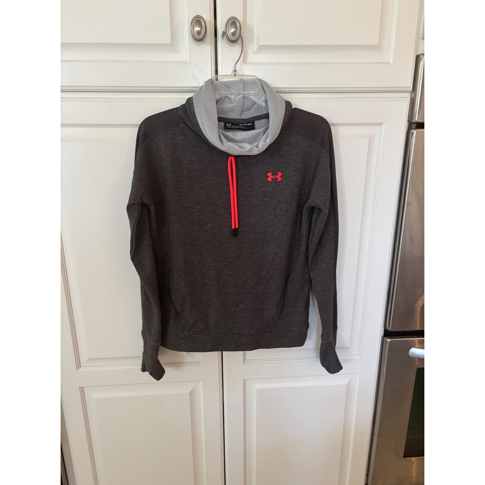 Under Armour Womens XS Funnel‎ Neck Hoodie Gray Coral Pullover Thumbholes Loose